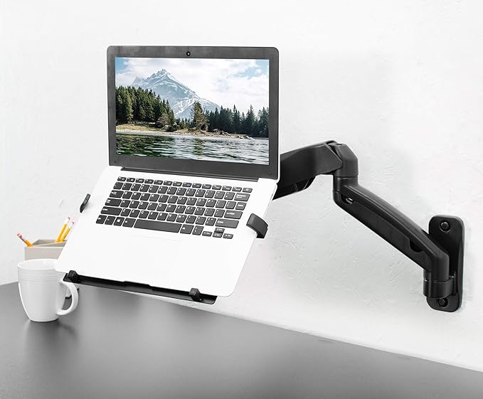 VIVO Height Adjustable Pneumatic Extended Arm Laptop Wall Mount, Full Motion Articulating Notebook Tray, Fits 10 to 15.6 inch Screen, Black, MOUNT-V001GL