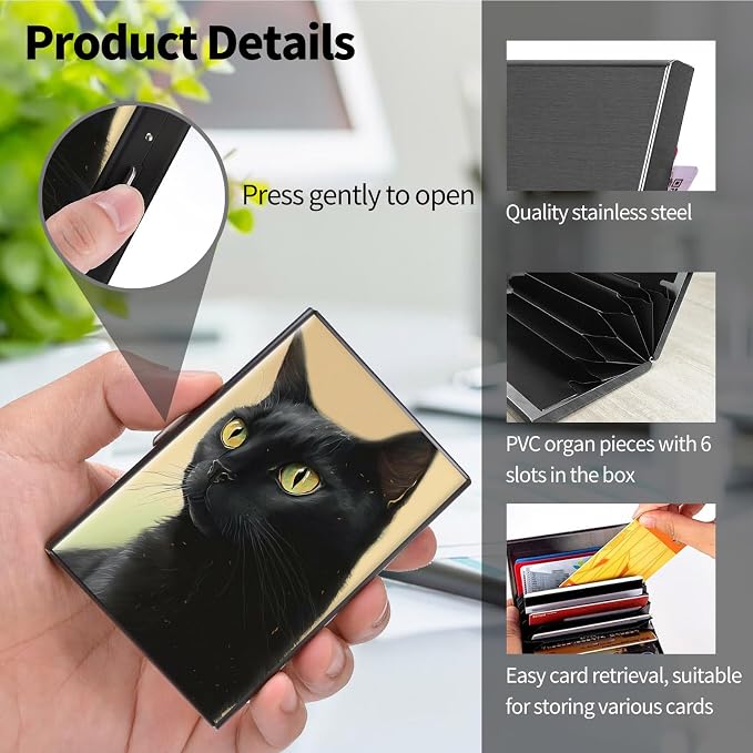 Metal Wallet, Credit Card Holder for Women Men Girls, RFID Blocking Aluminum Wallet Slim Hard Case, Mini Travel Wallet, ID Card Holder Business Card Case,Black Cat