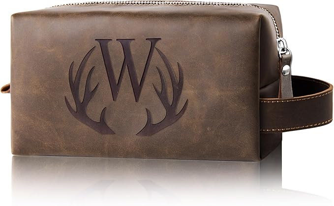 Personalized Travel Toiletry Bag for Men Initial Letter PU Leather Waterproof Shaving Bag for Toiletries Accessories Travel Essentials Storage Bags Fathers Day Birthday Gifts for Men (W)