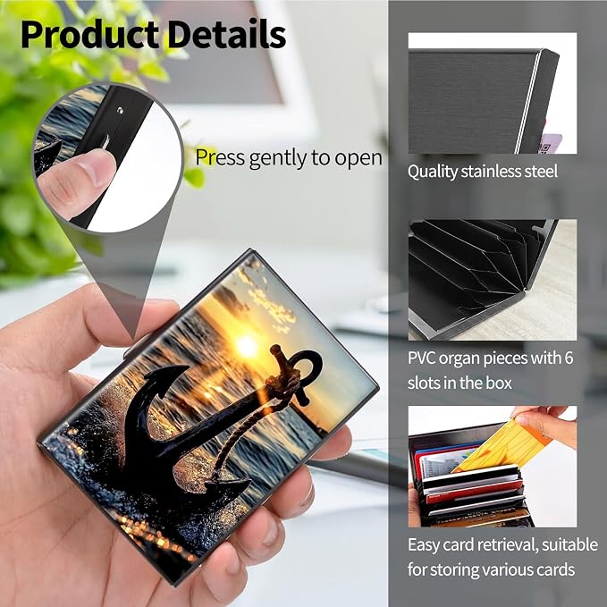 Metal Wallet, Credit Card Holder for Women Men Girls, RFID Blocking Aluminum Wallet Slim Hard Case, Mini Travel Wallet, ID Card Holder Business Card Case,Anchor