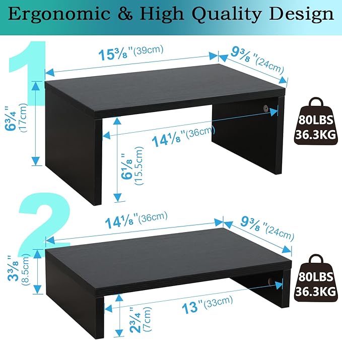 TEAMIX 2 Pack Black Monitor Stand Riser, Wood 2 Tier Adjustable Stand for 2 Monitors/Laptop/PC