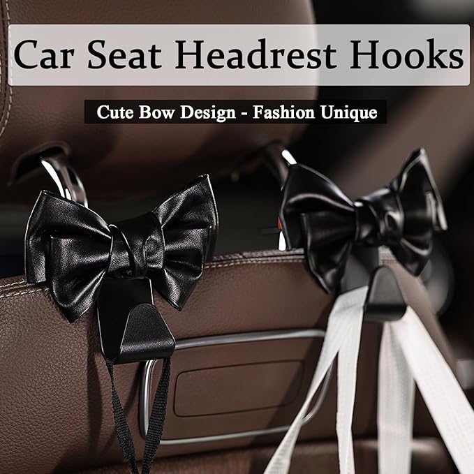 Joyhey 2 Pcs Car Seat Headrest Hooks, Cute Bow Car Seat Hooks for Purses and Bags (Black)