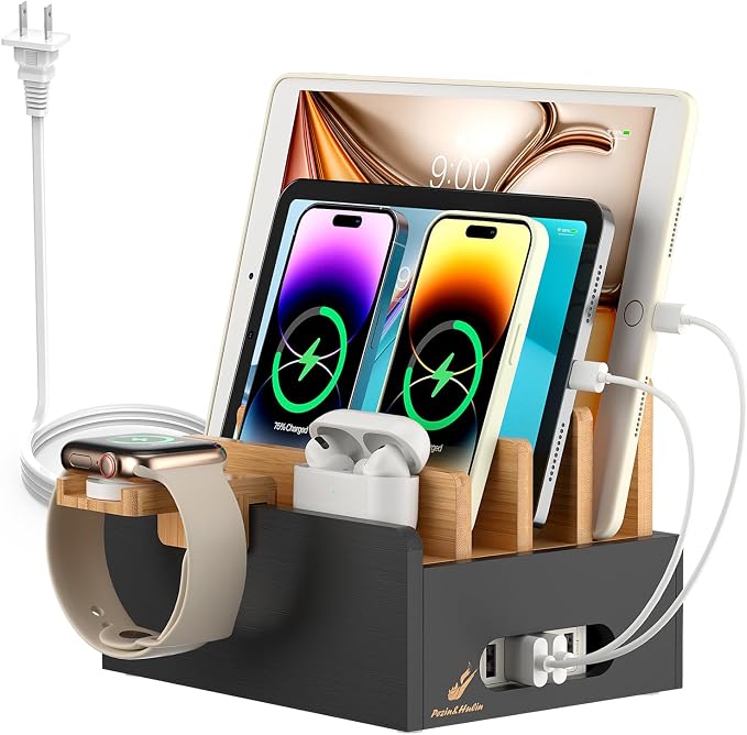 Pezin & Hulin Bamboo Charging Station for Multiple Devices with 5 Port USB Charger,5Cables,Smart Watch&Earbuds Stand, Desk Docking Stations Electronic Organizer for Cell Phone,Tablet (Natural + Black)