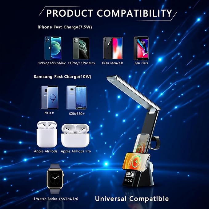 AYI Multi-Functional Wireless Charging Lamp with LED Display, Alarm Clock, 3 Color Light Modes, Foldable & Portable, 15W Fast Wireless Charger Stand for Smartphones, Smartwatches, Earbuds, N61 White.