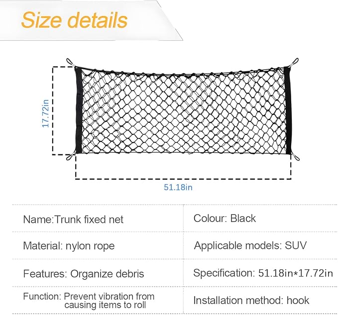 Osilly Car Rear Cargo Net, Double-Layer Adjustable Stretchable Elastic Storage Organizer Net, Trunk Cargo Storage Mesh Net with Hooks, Car Interior Accessories (51.2"x17.7")