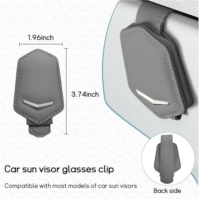 Dickno Sunglasses Holder for Car Sun Visor, Magnetic Leather Glasses Hanger Mounted with Ticket Card Clip, Universal Vehicle Interior Accessories for Different Size Eyeglasses (Gray)