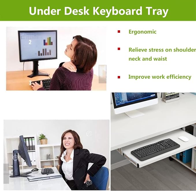 V3VOGUE Slide Keyboard Tray Under Desk Adjustable Height - Slide-Out Keyboard Drawers Platforms with Slides Rails - Keyboard Mouse Holder Workspace Organizers - Ergonomic Desk Extender