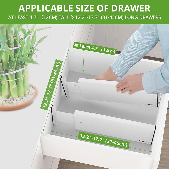 ANTOWIN 4 Pack Expandable Drawer Dividers, 4.7'' High, Extend from 12.2'' to 17.7'', Bamboo Dresser Drawer Organizers Separators for Kitchen, Bedroom, Office, Bathroom (White)