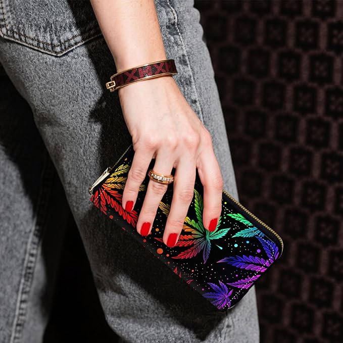 Zip Around Wallets for Women with Detachable Wrist Strap, Large Capacity RFID Blocking Leather Purse Organizer Card Holder Wristlet,Psychedelic Weed Leaf