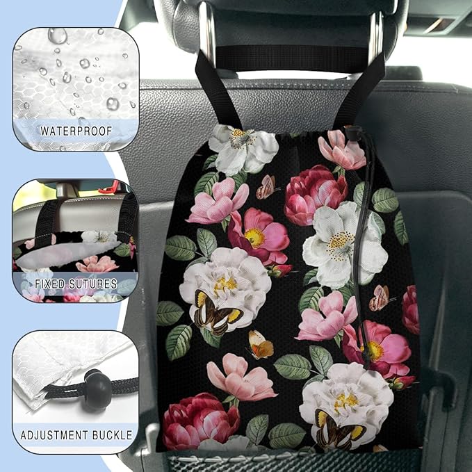 Car Trash Bag Hanging Back of Seat Waterproof Small Cute Printed One-handed Strap Drawstring Garbage Bags for Car-Black Floral