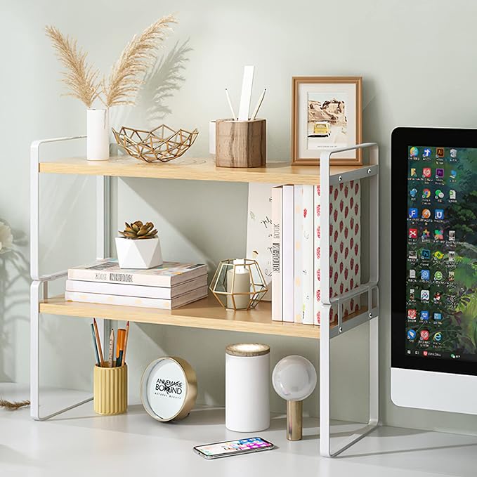 YGYQZ Desk Shelf Organizer for Top of Desk, Detachable 2 Tier Desktop Bookshelf, Wooden Desk Shelves Storage Rack, Small Desktop Shelf for Office Home Dorm, Tabletop Desk Organizer Stand (White Wood)