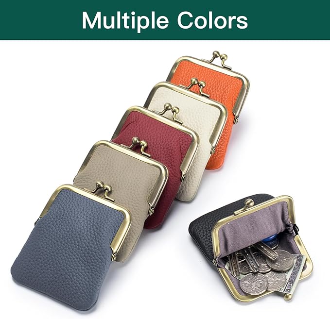 Genuine Leather Kiss Lock Coin Purse, Mini Wallet with Metal Clasp Frame, Small Change Holder，gift for women men (White)