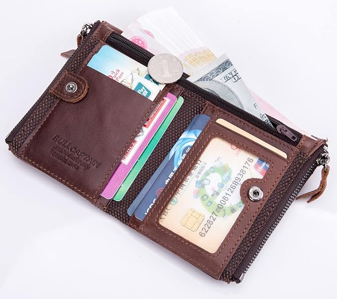BULLCAPTAIN Genuine Leather Wallet for Men Vintage Bifold Double Zipper Coin Purse (Coffee)