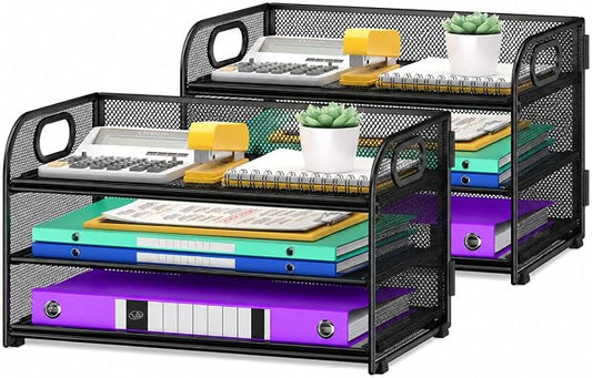 Cawukege 2 Pack 3 Tier Paper Organizer with Handle, Metal Desk Organizer Mesh Paper Letter Tray Desktop File Folder Document Sorter for Classroom, School, Office Accessories Storage (2, Black)
