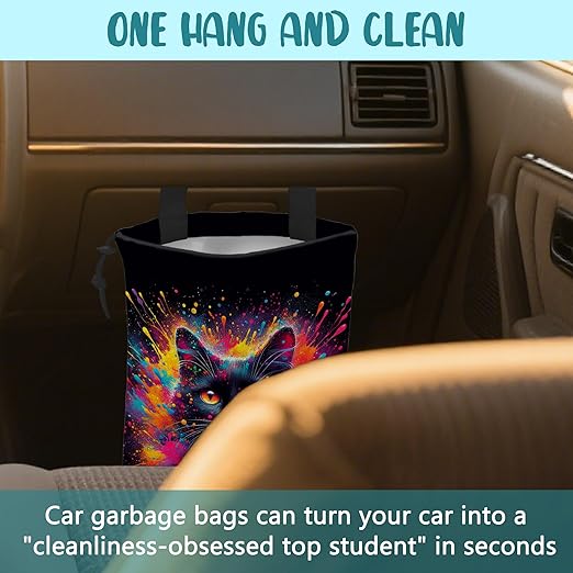British Shorthair Cat Car Garbage Bag Colorful Splash Drawstring Car Trash Bag Hanging for Back Seat with Adjustable Buckle Canvas Vehicle Trash Can Easy-to-Install
