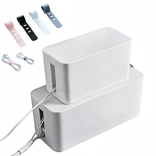 1 Large + 1 Small Cable Management Box Set – 2-Piece Cord Organizer Box, Home Office Desk Wire Storage & Cable Management Solution (Acryliclid lid/White)