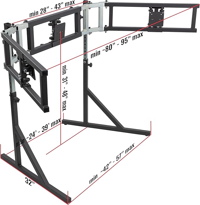 Triple Monitor Floor Stand GEN2 for Racing and Flight Simulators Model LD | for Monitors up to 100x100mm VESA Mount or 24, 27, 32, 34-39 (Triple Stand for Monitors, LD)