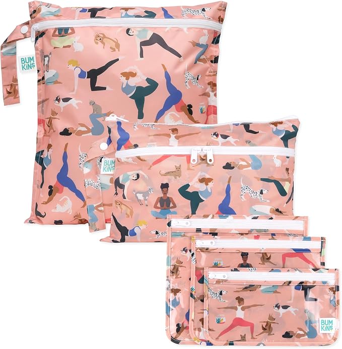 Bumkins - Waterproof Wet Bag, Wet/Dry Clutch & Clear Travel Bags - For Beach, Baby, Travel, Cloth Diapers, Pump Parts, Pool, Gym, Toiletries - Reusable & Easy to Clean - Yoga Pals - 5 Pack