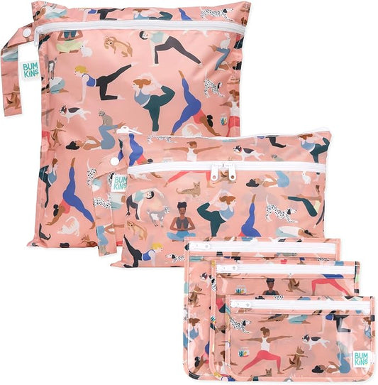 Bumkins - Waterproof Wet Bag, Wet/Dry Clutch & Clear Travel Bags - For Beach, Baby, Travel, Cloth Diapers, Pump Parts, Pool, Gym, Toiletries - Reusable & Easy to Clean - Yoga Pals - 5 Pack