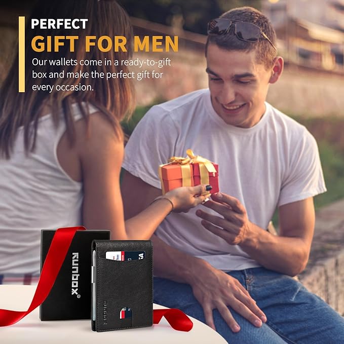 RUNBOX Slim Money Clip Wallets for Men RFID Blocking 11 Card Holder Minimalist Small Leather Bifold Men's Front Pocket Wallet Gift Box