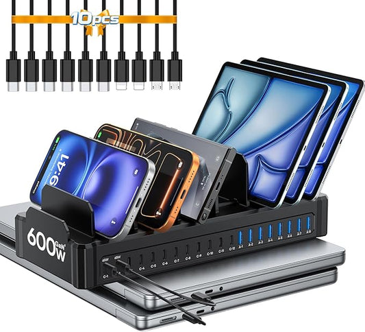 20-Port 600W Charging Station for Multiple Devices, Dual 65W GaN5 Multi-device Charging Dock with 10 Cables, Fast Charger Station for Laptop, Phone, Tablet (Black)