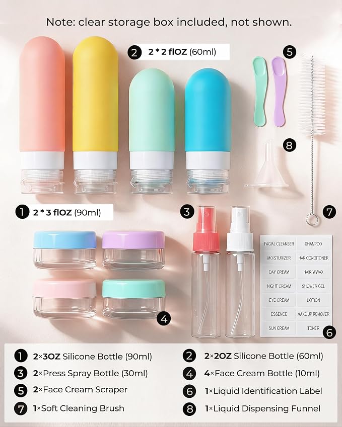 17 Pack Travel Bottles for Toiletries, TSA Approved Leak Proof Silicone Travel Containers for Toiletries with Label-Dopamine Color