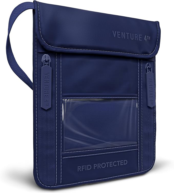 VENTURE 4TH Neck Wallet for Women & Men – RFID Blocking Passport Holder for Travel, Hidden Neck Pouch with 6 Compartments, Slim Lightweight Travel Organizer with Adjustable Strap (Sleek Navy Blue)
