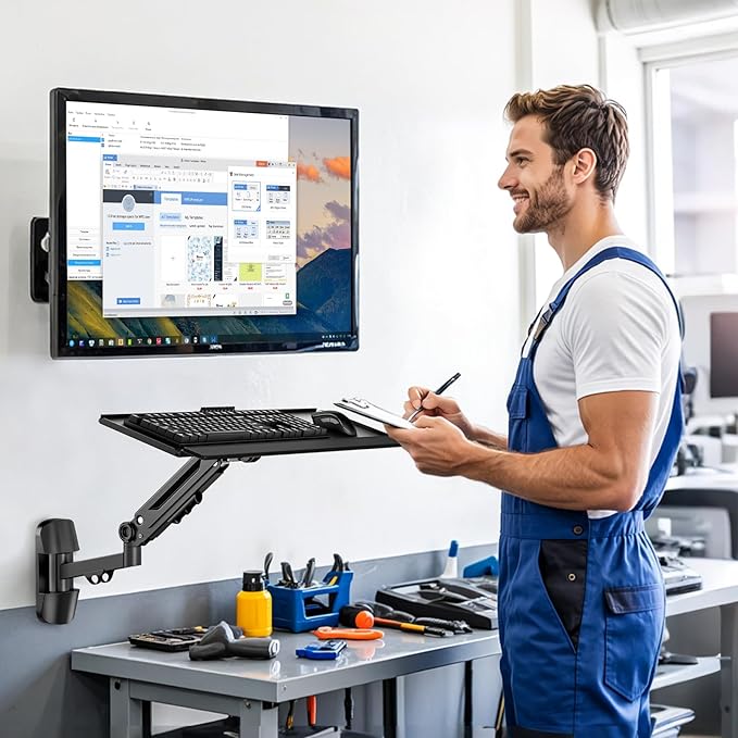 Wall Mount Keyboard Tray- Keyboard and Mouse Stand & Monitor Mount Arm,Height Adjustable Typing Platform Holds up to 26.4 lbs,Black