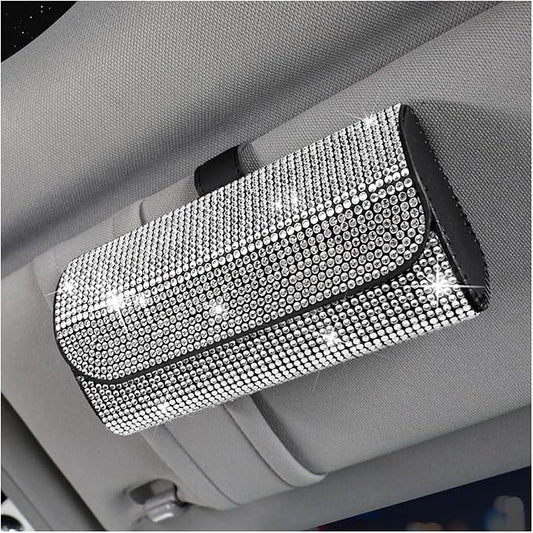 Osilly Bling Car Sunglass Holder for Sun Visor, Sparkling Crystal Leather Automotive Eyeglasses Mount Clip Organizer with Hidden Magnetic Closure for Men Women, Universal for SUV Truck Van（White）