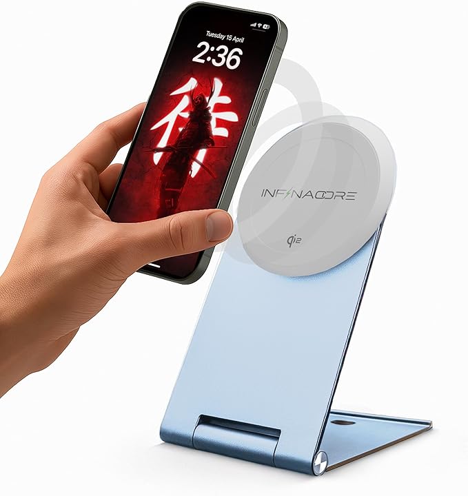 InfinaCore Magnetic Wireless Charger Stand for Apple Devices, iPhone, AirPods - Durable-Build Fast Charging Stand - Qi2 Certified Bedside Phone Charger Station Compatible with MagSafe - 15W