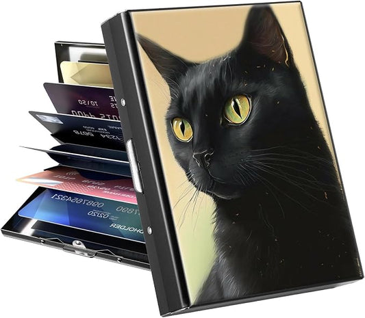 Metal Wallet, Credit Card Holder for Women Men Girls, RFID Blocking Aluminum Wallet Slim Hard Case, Mini Travel Wallet, ID Card Holder Business Card Case,Black Cat