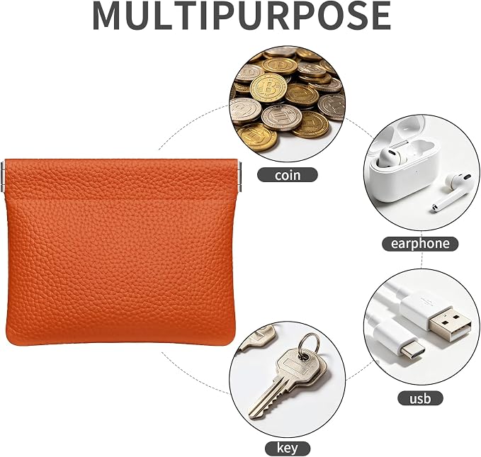 Genuine Leather Squeeze Coin Purse Pouch Change Holder For Men & Women Mini Change Purse Pouch for Pocket, Small Pouch Credit Card Key Headset Lipstick Holder (Orange)