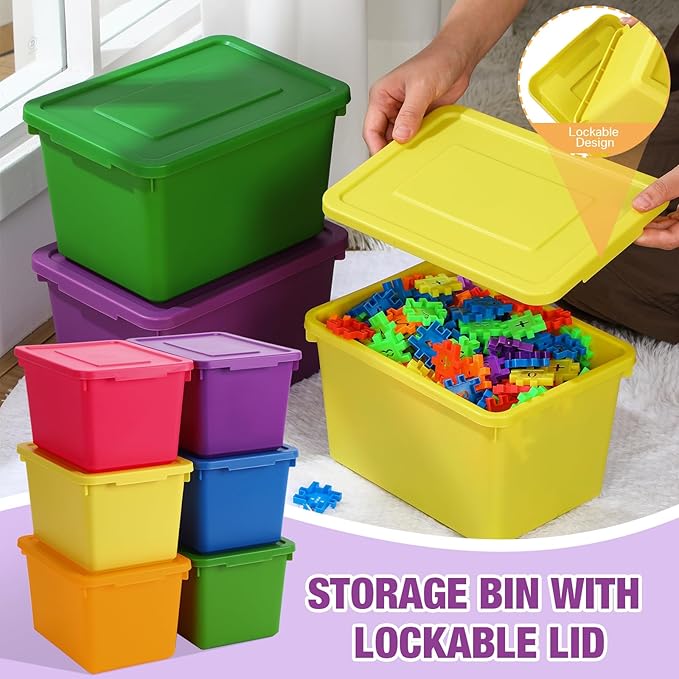 Potchen 6 Pack Cute Plastic Storage Bins with Lids Decorative Stackable Storage Boxes 9.8" ×7.3" ×5.7" Small Storing Totes for Organizing Craft Office Supplies (Colorful)