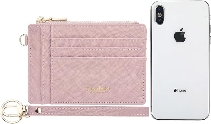 Wikavanli Women Slim Rfid Blocking Credit Card Case Holder Wristlet Zip ID Case Wallet Small Compact Leather Wallet Coin Purse with Keychain (Light Pink)