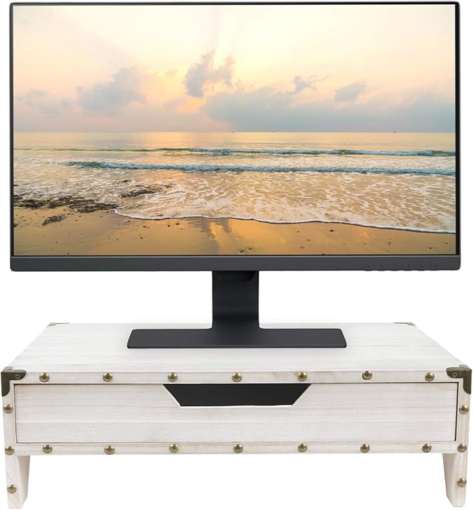 Ikee Design Wooden 2 Tier Monitor Stand with Drawer,Wood Desktop Stands for Laptop ,TV, Computer Riser,Wooden Clutter-Free Desk Storage Organizer,16 1/2 W x 10 1/4 D x 5 1/8 H in, White