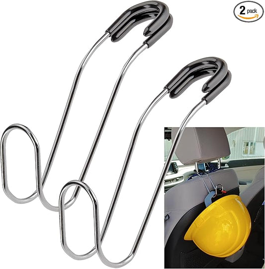 High Road Metal Car Hooks - Hard Hat Holder for Truck and Unbreakable Headrest Hooks for Car for Large Straps and Heavy Bags up to 40 lbs - Secure Attachment Loops Fit All Headrest Posts, 2-Pack