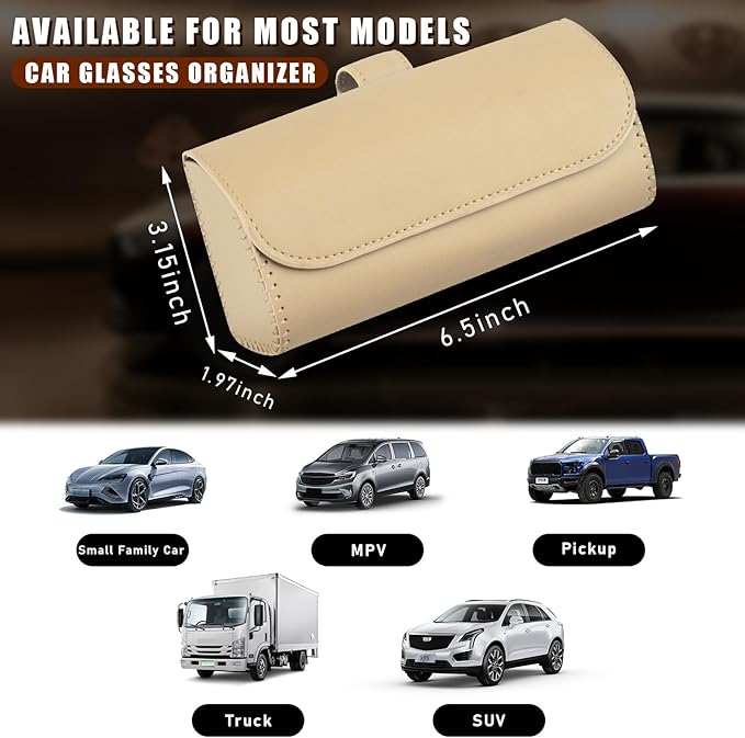 Augeny Sunglasses Holder for Car Sun Visor, Leather Auto Eyeglasses Storage Case with Hidden Magnetic Closure, Protective Glasses Organizer Box, Vehicle Visor Accessories for Woman Man (Beige)