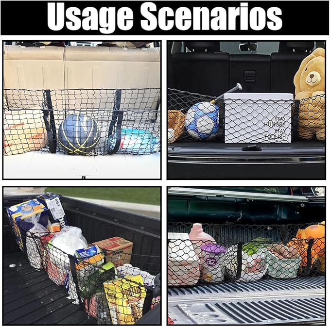 Detachable Cargo Net for Car, Expandable 3 Pocket Heavy Duty Cargo Net Organizer with 4 Metal Carabiners, Compatible with SUVs, Cars, Pickup Trucks, Van Trunk Beds