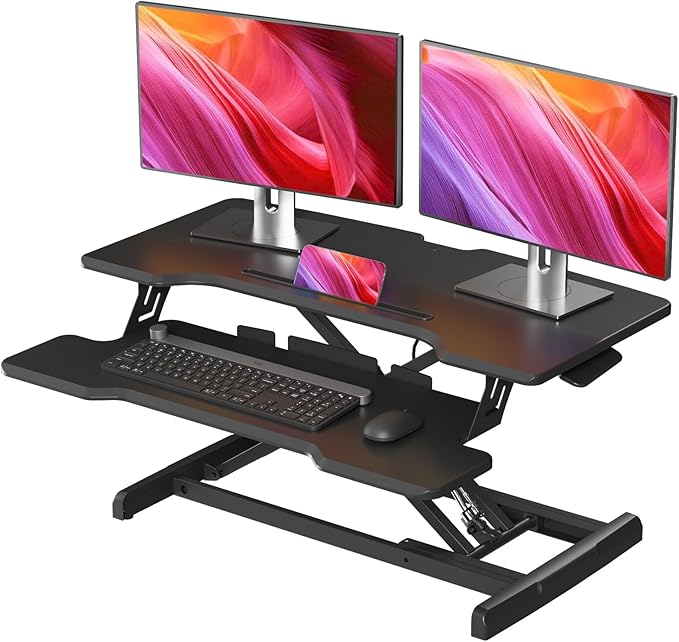 Standing Desk Converter 32 inch, Height Adjustable Sit Stand Desk Riser, Quick Sit to Stand Tabletop Dual Monitor Riser Workstation for Home Office with Keyboard Tray, Black