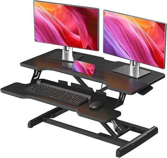Standing Desk Converter 32 inch, Height Adjustable Sit Stand Desk Riser, Quick Sit to Stand Tabletop Dual Monitor Riser Workstation for Home Office with Keyboard Tray, Black