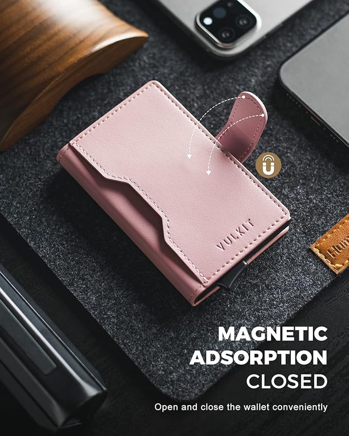 VULKIT Slim Bifold Pop up Wallet Minimalist Leather Card Holder RFID Blocking Metal Card Case with ID Window for Women | with Leather Slots, RFID Blocking, Slim, Metal Card Case