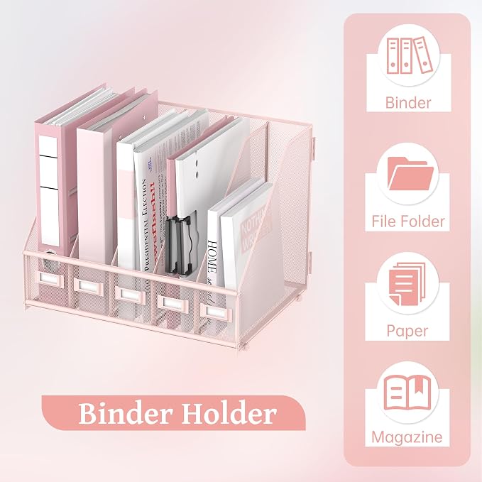 SUPEASY Desk Organizers Metal Desk Magazine File Holder with 5 Vertical Compartments Rack File Organizer for Office Desktop, Classroom, Home Workspace, Pink Plus