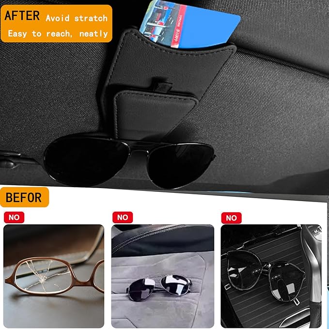 2 Pack Universal PU Leather Car Visor Sunglasses Holder Magnetic Clip for Eyeglasses and Cards One-Handed Access Organizer Fits Most of Car SUV Trucks Pickup Interior Accessories (Black - 2pcs)