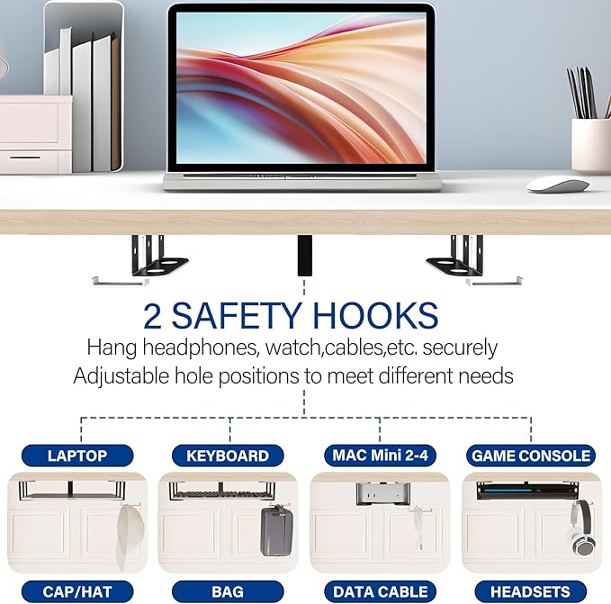 BYMECOST Under Desk Laptop Storage Mount, Metal Under Desk Device Holder, for Devices Up to 1.37" Thick, MacBook, Mini, Keyboard, Router, with Anti-Scratch Silicone (White, 2.1" with Hook)