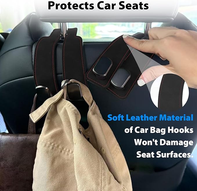 Travel Depot Headrest Hooks for Car, Purse Hook for Car, Premium Leather Twin Hook Car Seat Hooks, Double Hook Seat Back Storage Organizer for Purses, Bags, SUV, Truck, Vehicle, 2 Pack, Black