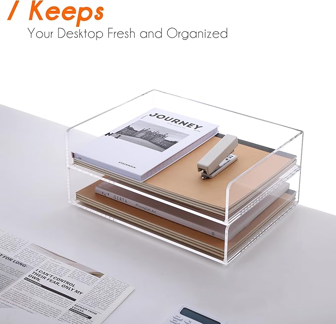 HeZone Paper Organizer, 2 Tier Stackable A4 Size Acrylic Letter Tray, Office/Home/School Organization - Clear