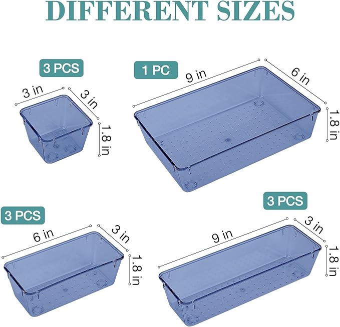 10 PCS Drawer Organizer Set, 5 Varied Size Bathroom and kitchen Drawer cabinet organizer Trays, Clear Storage Bins for Makeup, Jewelry, Utensils and Gadgets, Dark Blue