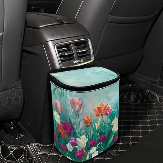 Biyejit Tulip Flowers Car Rubbish Storage Reusable Car Trash Can for Car SUVs Vans, Car Trash Bag Bin Hanging Waterproof Automotive Car Garbage Cans Leak Proof Vehicle Trash Can