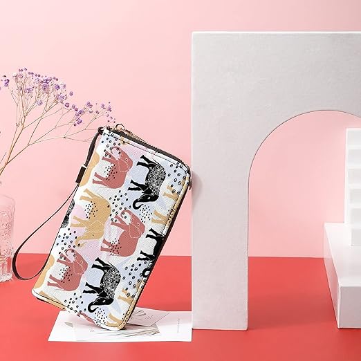 Clutch Wallet Holder for Women Men Watercolor Elephant And Dot Portable Accordion Zipper Credit Card Storage Bag Waterproof Purse Leather Wallet for Travel Work Shopping