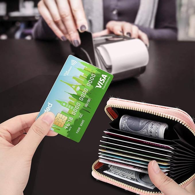 Coco Rossi Women Small Credit Card Wallet RFID Glitter Bling Cute Accordion Card Holder with Zipper Pink